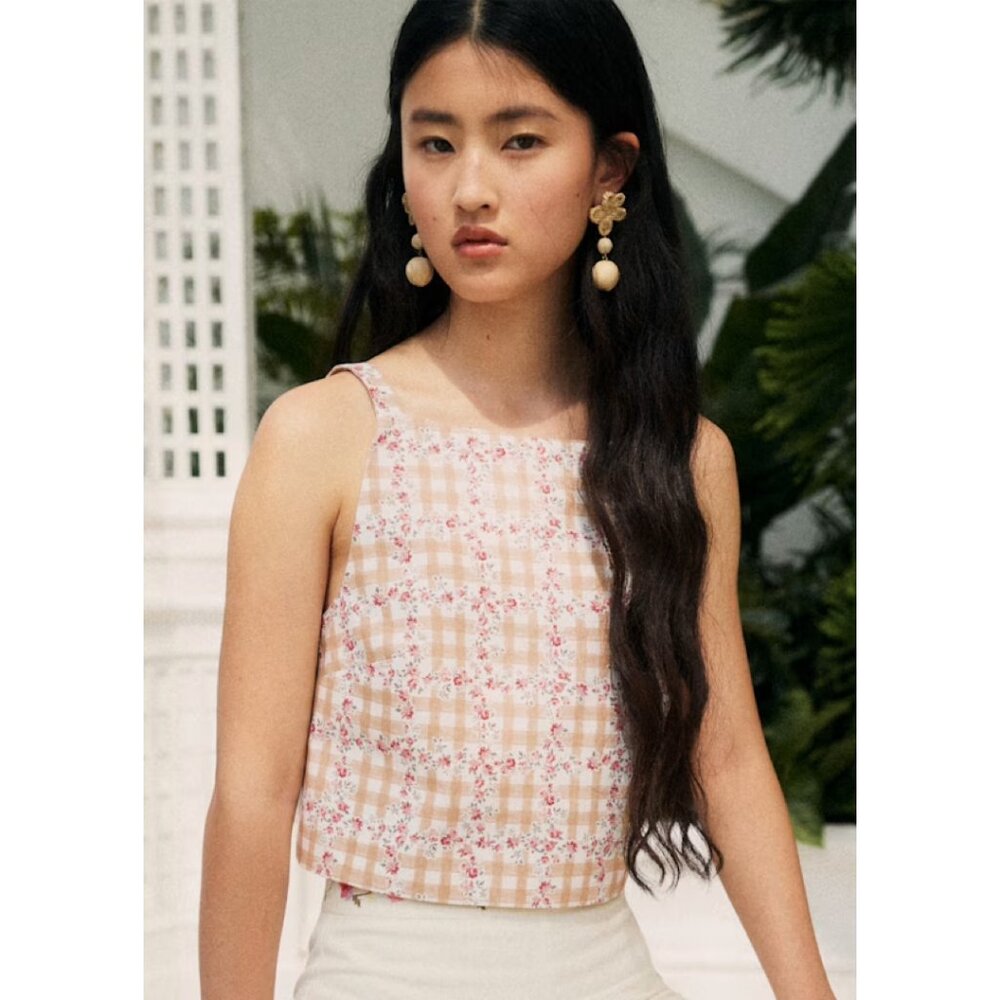 NWOT Sezane Beige Gingham and Floral Print Top